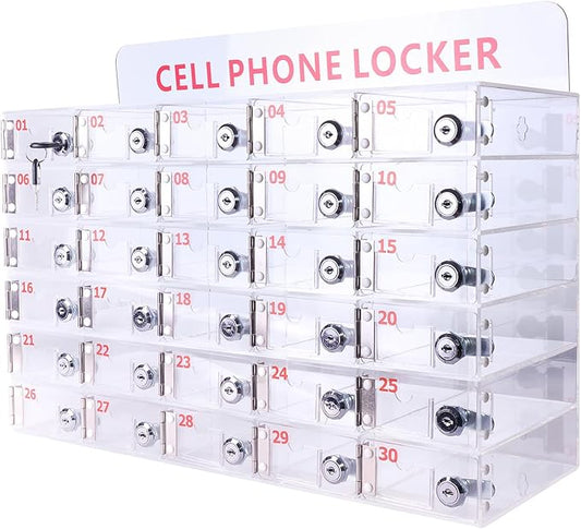 30 Slots Clear Cell Phone Locker,Acrylic Cell Phone Organizer Phones Storage Cabinet Wall Mounted with Door Locks Keys for Factory Office School 12.9X20.6X7.2inch