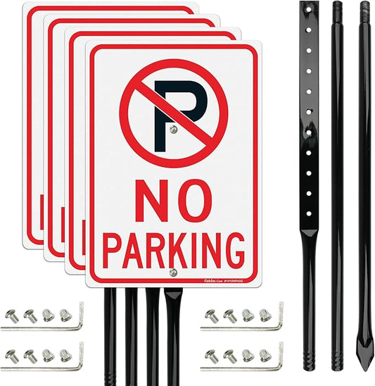 Faittoo Large No Parking Sign with 54" Metal Thick Stake, 4 Pack 14"x10" Rust Free Heavy Aluminum, Reflective, Fade Resistant, Easy to Mount, Outdoor Use