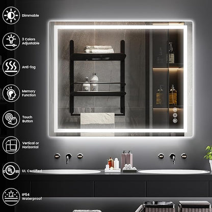 32"x 40" Bathroom Mirror for Over Sink, Anti-Fog LED Bathroom Mirror with Lights, Memory 3 Colors Modes & Dimmable Bathroom Vanity Mirror