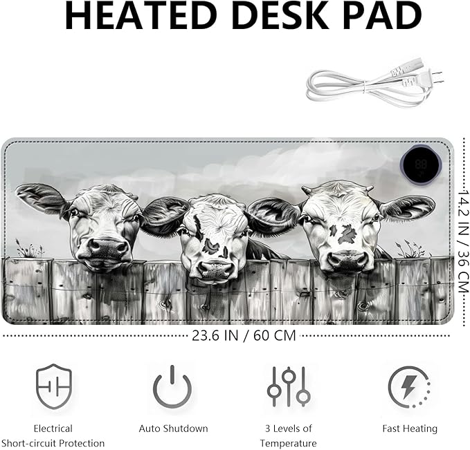 Heated Mouse Pad with 3 Levels Heated & 3 Hours Auto Shut-Off Mouse Pad for Warming Hands in Office Home, 23.6" x 14.2"Large Safe Desk Mat Hand Warmer，Three Lovely Cows