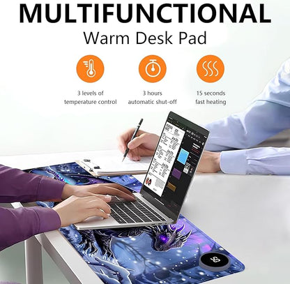 Heated Mouse Pad with 3 Levels Heated & 3 Hours Auto Shut-Off Mouse Pad for Warming Hands in Office Home, 23.6" x 14.2"Large Safe Desk Mat Hand Warmer，Purple Flying Dragon