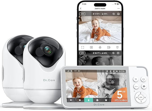 Dr.Care VistaView 5” Smart WiFi Baby Monitor with 2 Camaras - 2K Camera App Control & 1080P Split Screen, Cry & Motion Detection, Pan-Tilt-Zoom, HD Night Vision, Video Recording, Triple Security