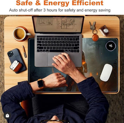 Small Heated Desk Pad 23.6" x 14.2" – Compact Electric Mouse Pad with 3 Heating Levels, Auto Shut-Off, Waterproof PU Surface, Plug-in Warmer for Office or Home Use, Fire Warrior