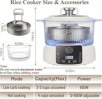 Low Carb Rice Cooker,3L Multifunction Smart Rice Cooker - 4H Keep Warm,Digital Display,Timer & Reservation Function,Suitable for Cooking,Simmering,Stewing,and Steaming(3L,Beige)