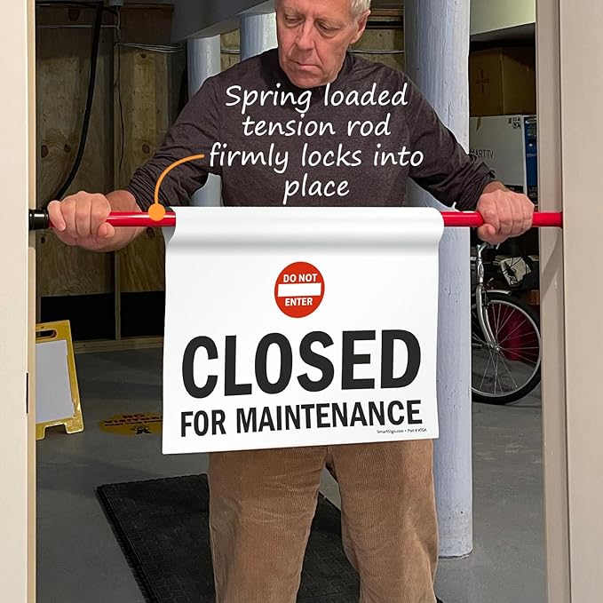 SmartSign 3-Pack 'Closed For Maintenance' Hanging Doorway Barricade Sign with Symbol, Spring-loaded Aluminum Pole, Torsion Pole and 11.25" x 18" Vinyl Sign Kit, Black/White/Red, USA-Made