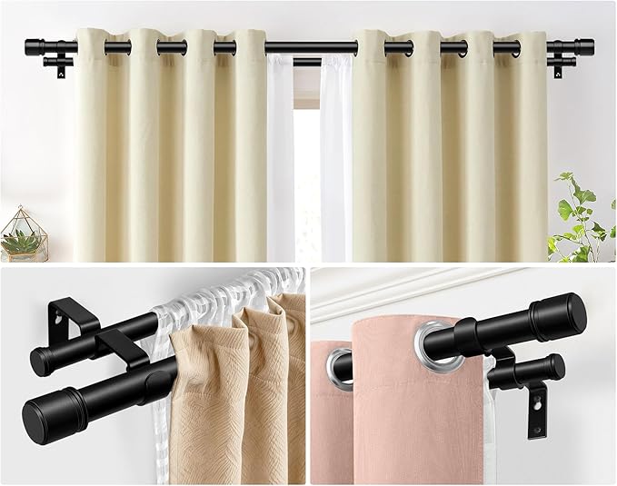 Double Curtain Rod 66 to 120 Inch, HOTOZON 1 Inch Heavy Duty Double Curtain Rods for Windows 54 to 116 Inches(4.5-9.6 ft), Telescoping Drapery Rod with Simple End Finials, Black