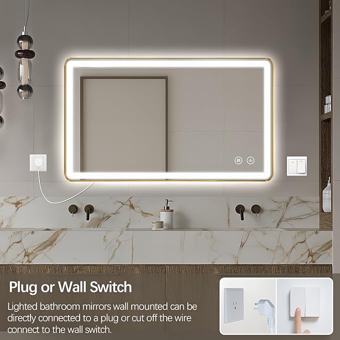Niccy LED Bathroom Mirror, 40"x24" Rectangle Wall Mounted Vanity Mirrors with Metal Frame, Anti Fog Dimmable Smart Mirror for Bathroom/Bedroom/Livingroom/Entryway, (Horizontal or Vertical),Gold