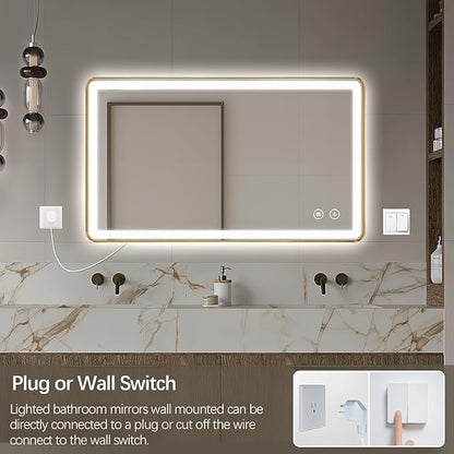 Niccy LED Bathroom Mirror, 40"x24" Rectangle Wall Mounted Vanity Mirrors with Metal Frame, Anti Fog Dimmable Smart Mirror for Bathroom/Bedroom/Livingroom/Entryway, (Horizontal or Vertical),Gold