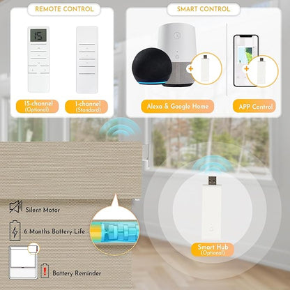 Persilux Smart Motorized Blinds with Remote, No Drill Automatic Roller Shades for Indoor Windows, Blackout Linen Fabric, Electric Blinds for Windows, Weave Straw C162BO-4, Custom Size