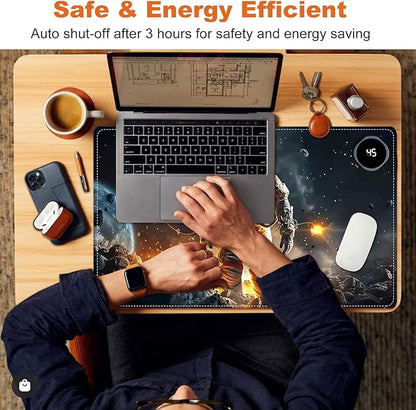 Small Heated Desk Pad 23.6" x 14.2" – Compact Electric Mouse Pad with 3 Heating Levels, Auto Shut-Off, Waterproof PU Surface, Plug-in Warmer for Office or Home Use, Astronaut