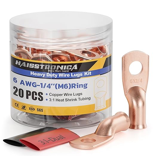haisstronica 10pcs 6 AWG - 1/4" (M6) Battery Cable Lugs, Heavy Duty Copper Wire Lugs with 10pcs 3:1 Adhesive Heat Shrink Tubing, 6 Gauge Wire Connectors Battery Terminal Connector, Battery Cable Ends