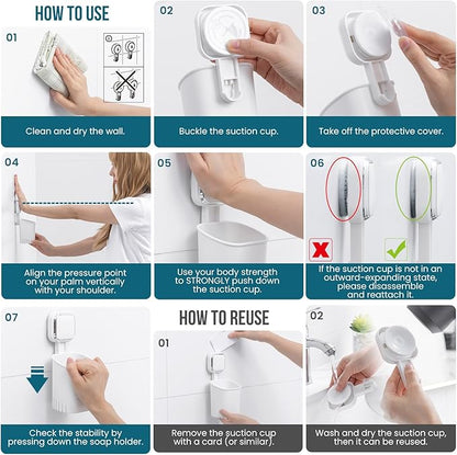 TAILI 2 Pack Suction Toothbrush Holder for Shower Wall, No Nail, No Glue! Self-draining Shower Cup for Toothpaste, Toothbrush, Kitchen Tableware, Strong Suction Cup Razor Holders for Bathroom, White