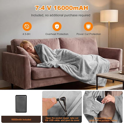 Cordless Heated Blanket Battery Operated with Fleece Lining 7.4V 16000mAh Battery Portable Wearable Heated Shawl for Women Men 6 Heating Zones 3 Fast-Heating Levels (Battery Included)