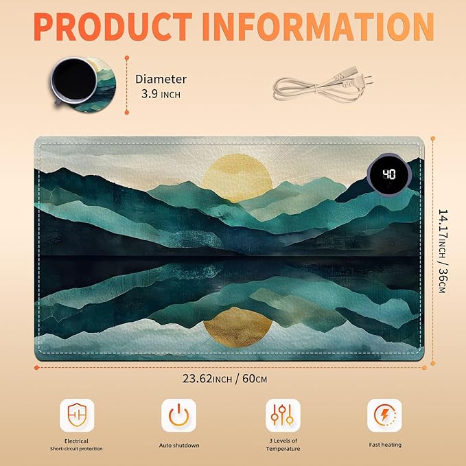 Heated Mouse Pad, Warm Desk Pad, Keyboard Mat 23.6 x 14 Inch Large Size Intelligent Fast Heating, 3 Speed Adjustable, Timed Auto Power Off for Game Office Home, Valley Sunrise