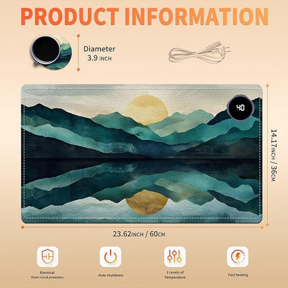 Heated Mouse Pad, Warm Desk Pad, Keyboard Mat 23.6 x 14 Inch Large Size Intelligent Fast Heating, 3 Speed Adjustable, Timed Auto Power Off for Game Office Home, Valley Sunrise