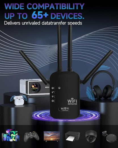 300Mbps WiFi Extender Signal Booster,WiFi Extender Dual Band for Home，New Gen 6X Faster Internet Booster Extender, WiFi Repeater Coverage up to 10K sq.ft and 65 Devices （Black）