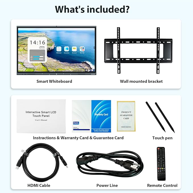 55'' 4K Smart Board, Android 14 OS 8+128 GB Interactive Whiteboard, Electronic Digital Whiteboard with Open App Ecosystem, Built in 20MP Camera for Home, Office and Classroom