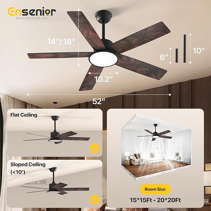 Ensenior 52 Inch Smart Ceiling Fans with Lights and Remote Control via Alexa Google Voice App, Reversible DC Motor 6 Speeds, 3000K-6000K Dimmable LED Black Bedroom Ceiling Fan with Lights - 5 Blades