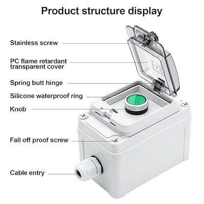IP67 Button Switch Outdoor Waterproof Box Green Self-Locking Junction Box Button with Protective Cover Anti-misoperation Switch(AC/DC 6A-110V/3A-240V/2.5A-380V)