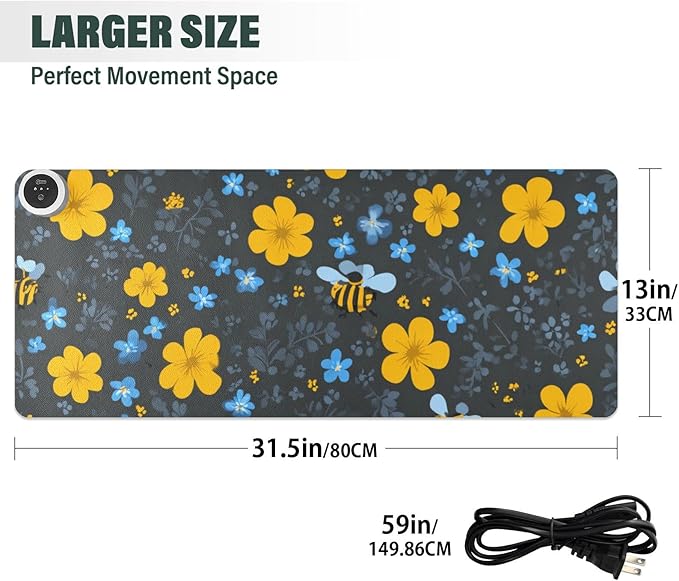 Heated Desk Pad Mouse Pad 31.5x13 Inch PU Leather Desk Mat with 3 Heat Levels Large Mouse Gaming Computer Laptop Mat Blue Floral Fragments and Bees