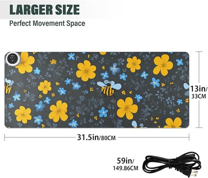 Heated Desk Pad Mouse Pad 31.5x13 Inch PU Leather Desk Mat with 3 Heat Levels Large Mouse Gaming Computer Laptop Mat Blue Floral Fragments and Bees