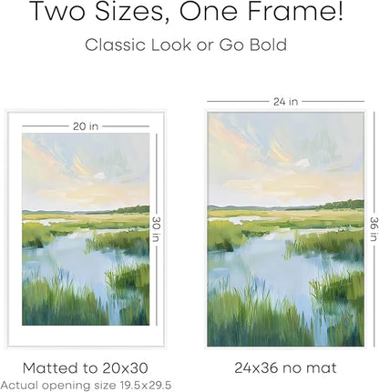 Homeforia 24x36 Picture Frame White, High End Metal 24 x 36 Large Poster Frames with Mat 20 by 30 inch Photo, 24x36 Thin Frame Matted to 20x30 in Print, 36x24 Frame, Tempered Glass, Wall Kit, Set of 1