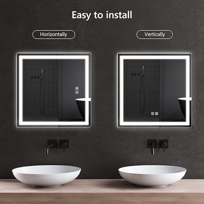 APRILSOUL 30x30 Inch LED Bathroom Mirror with Front and Backlit, Makeup Mirror with 3 Color Lights, Memory Function, Anti-Fog and Dimmable Light (Horizontal)