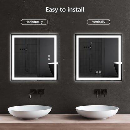 APRILSOUL 30x30 Inch LED Bathroom Mirror with Front and Backlit, Makeup Mirror with 3 Color Lights, Memory Function, Anti-Fog and Dimmable Light (Horizontal)