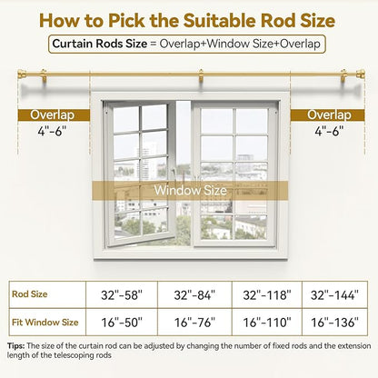 Curtain Rod 32-144 Inch, Heavy Duty 1 Inch Adjustable Curtain Rods for Windows, Gold Extra Long Window Treatment Rods, Modern Design, Easy Installation