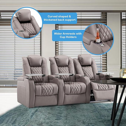 Weilianda Home Theater Seating Top Grain Leather Zero Gravity Recliner Chair Power Headrest Recline Movie Seat Gaming 7 Colors Mood Light Sofa with Tray Table USB Charge Row of 3 Grey