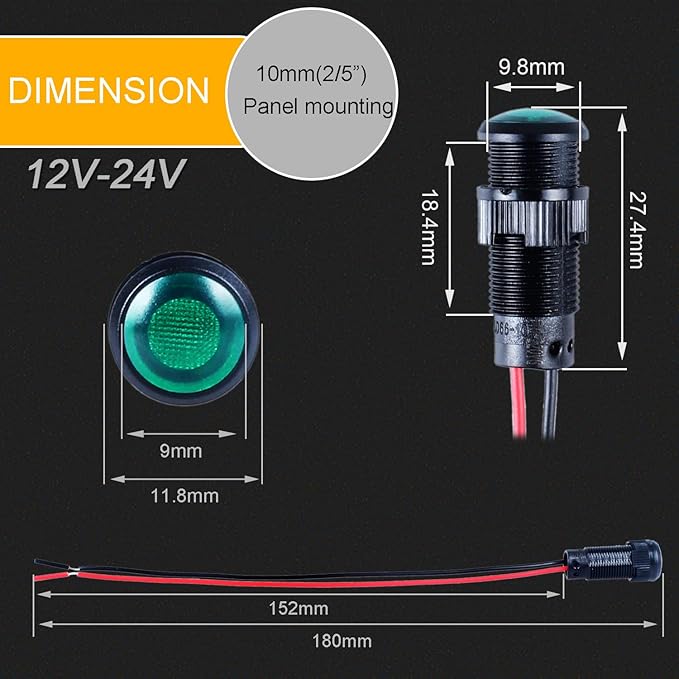 5pcs 10mm LED Indicator Light Plastic Black Signal Dot Lamp 12V-24V 2/5" Mounting Hole Size with 15cm/5.9in. Wire (Green LED)