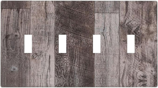 Light Switch Covers Rustic Dark Grey Wood Retro Country Wooden Quad Toggle Electrical Faceplate 4 Gang Wall Plate Decorative Switch Plates for Farmhouse Cabin Decor