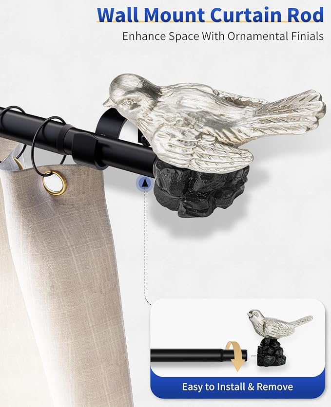 Vintage Pewter Curtain Rod 48 to 90 Inches Curtain Rods for Windows Adjustable Drapery Rod with Bird Finials Heavy Duty Curtains Rods for Living Room Bedroom