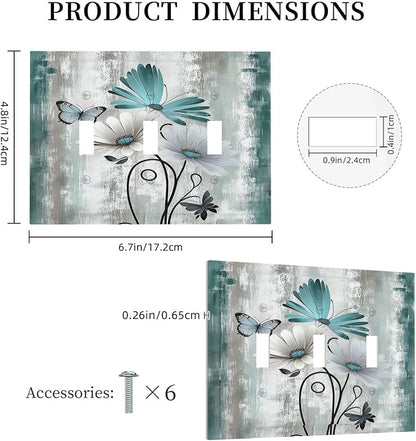 Decorative Switch Plates Rustic Teal Daisy Floral Flowers Butterfly Wood Grain 3 Gang Wall Plate Triple Toggle Light Switch Cover Faceplate Electrical Wall Panels for Bathroom Bedroom Decor