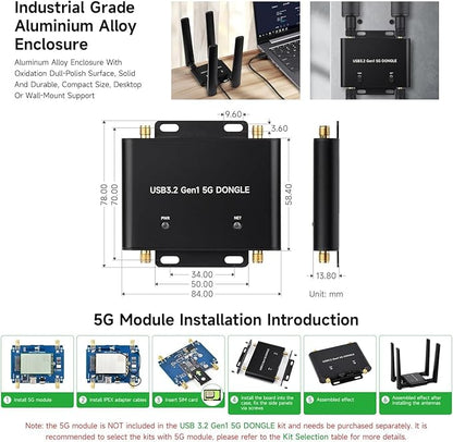 5G DONGLE Expansion Board, USB 3.2 Port, M.2 Key B Interface, Quad Antennas, Aluminum Alloy Case, with Qualcomm RM520N-GL 5G Sub-6G Module, Global Applicable @XYGStudy (RM520N-GL 5G DONGLE (B))