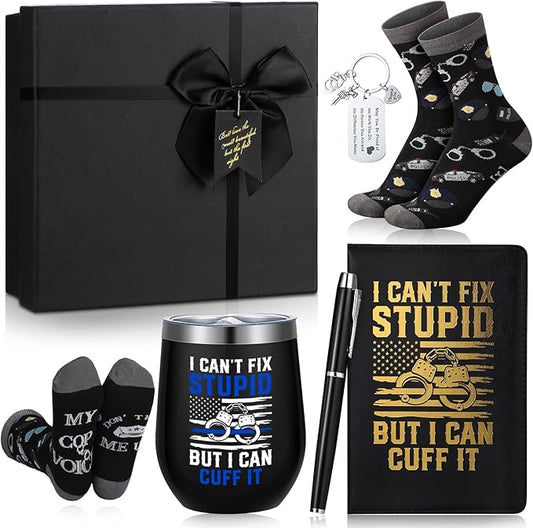 6 Pcs Police Officer Gifts for Men Law Enforcement Gifts 12 oz Stainless Steel Cup Socks Keychain Pen Notebook Box for Correctional Officer Cop First Responder Policeman Gear Accessories