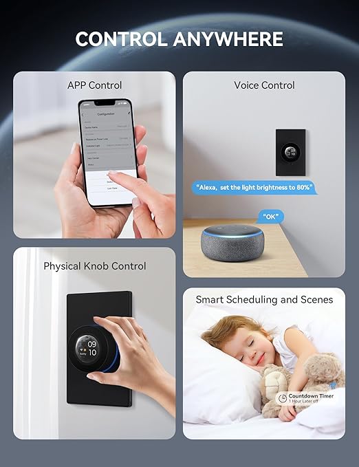 ELEGRP WiFi Smart Rotary Traic Dimmer with 1.8 inch TFT Display Screen, 3 Way, Needs Neutral Wire, 2.4GHz Wi-Fi, Compatible with Alexa and Google Home, No Hub Required, UL Listed, 2 Pack, Black