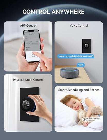 ELEGRP WiFi Smart Rotary Traic Dimmer with 1.8 inch TFT Display Screen, Single Pole, Needs Neutral Wire, 2.4GHz Wi-Fi, Compatible with Alexa and Google Home, No Hub Required, UL Listed, 2 Pack, Black
