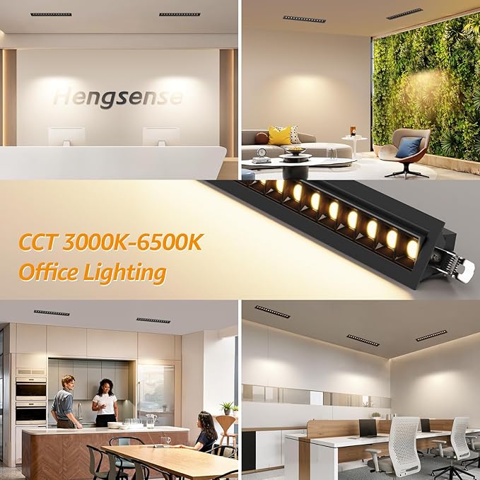 LED Linear Recessed Spotlight, Black Aluminum Recessed Grille Spotlight with Junction Box, Dimable 5 CCT 3000K-6500K, TRIAC Dimming Lighting for Living Room Kitchen Bedroom Hallway