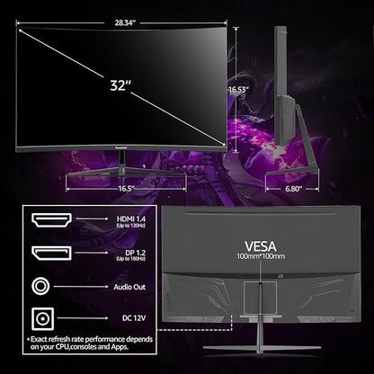 Gawfolk 32 Inch Curved Gaming Monitor, 180Hz 1500R QHD (2560x1440) 2K Computer Monitor with FreeSync, DisplayPort, HDMI, Wall Mountable, Eye Care for Home Office & Gaming