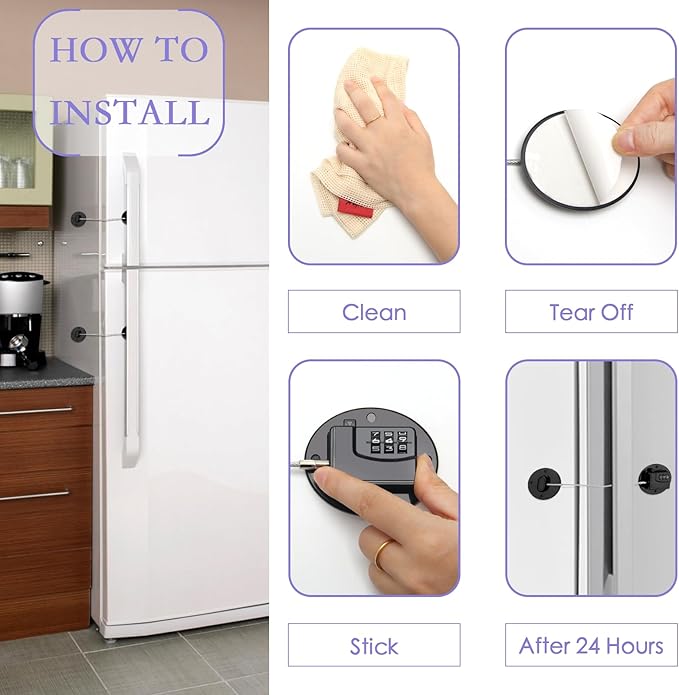 4PCS Fridge Lock Combination, Self-Adhesive Refrigerator Locks Freezer Door for Adults with Password (Black) (Round)