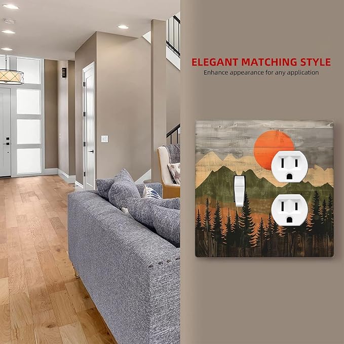 Wallplates Vintage Wood Grain Sun Forest Mountains 1 Toggle 1 Duplex Switch Plate Electrical GFCI Faceplate Decorative Light Switch Covers for Farmhouse Cabin Decor