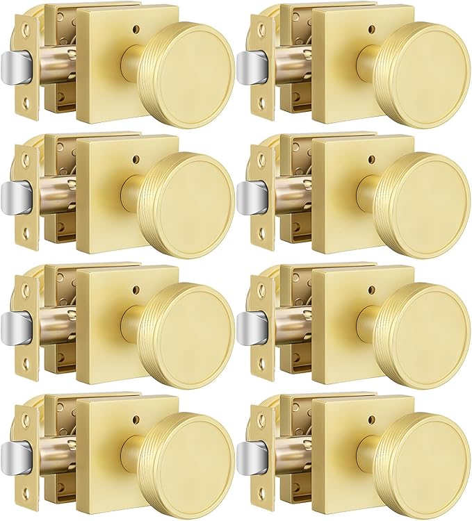 goldenwarm Gold Door Knobs Interior, Brushed Gold Door Knobs Square Privacy Door Knob for Bedroom Bathroom, Modern Heavy Duty Interior Doorknobs - 8 Pack Zinc-Alloy