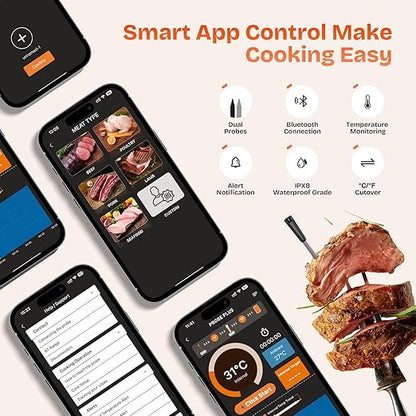 Smart Wireless Meat Thermometer with 2 Color-Coded Probes,Standalone Display Base, Accuracy ±1°F，Digital Bluetooth Thermometer for Cooking, Oven, Smoker, BBQ, Grill Real-Time Monitoring in App