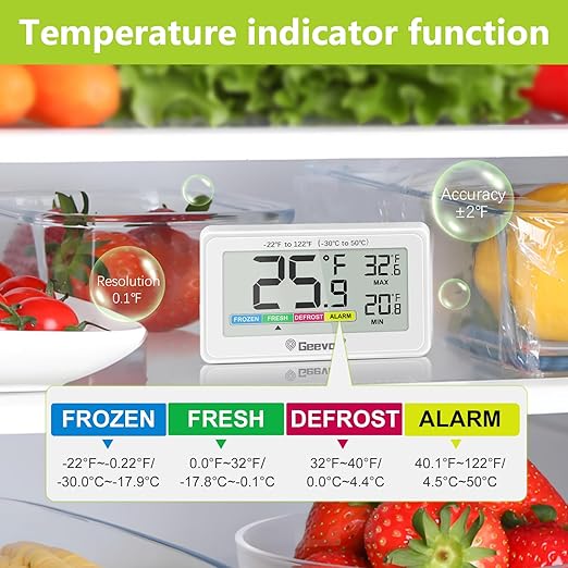 Geevon Digital Refrigerator Thermometer 4 Pack, IP65 Waterproof Fridge and Freeze Thermometer with Magnetic Back Large LCD，Max/Min Record Function for Home,Commercial
