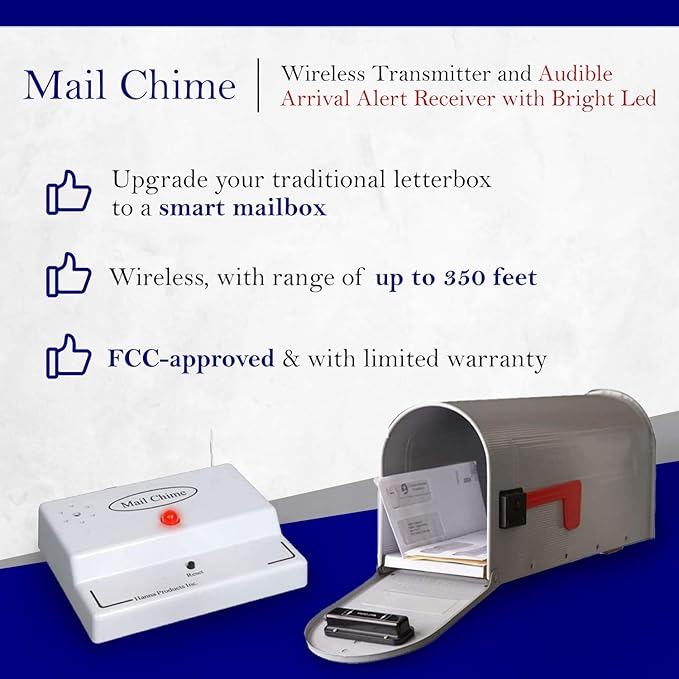 Mail Chime Mailbox Alarm for Delivered Mail Notification System, Smart Mailbox Sensor Alert Wireless Transmitter & Receiver, Up to 350 Feet, Easy to Install, Battery-Operated, 1 Set