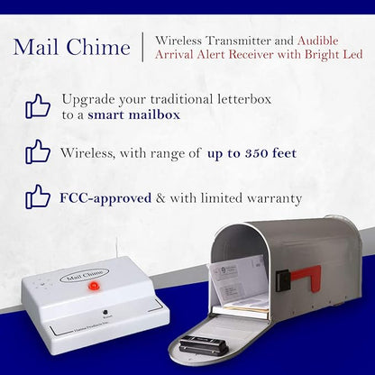 Mail Chime Mailbox Alarm for Delivered Mail Notification System, Smart Mailbox Sensor Alert Wireless Transmitter & Receiver, Up to 350 Feet, Easy to Install, Battery-Operated, 1 Set
