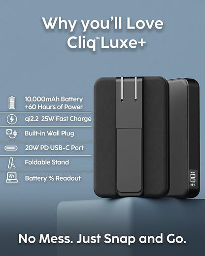 myCharge CliqLuxe+ 10,000mAh Wireless Magnetic Power Bank - Qi2.2 25W Ultra-Fast Wireless Charging | Built-in Wall Plug & Stand | 20W PD USB-C Port | Digital Battery Display | Premium Black Fabric