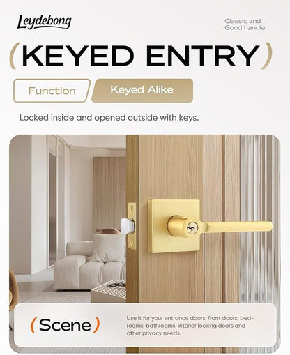Leydebong 3 Pack Gold Entry Knob Combo Pack Keyed Alike, Heavy Duty Entrance Door Lever, Exterior Lockset Contemporary Style, Modern Front Door Hardware