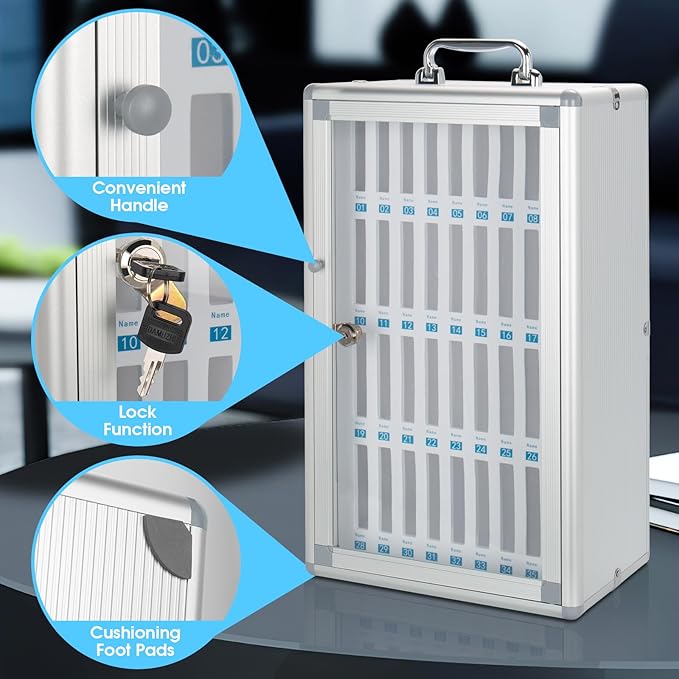 Glosen 24 Slots Cell Phone Locker, Portable Phone Storage Cabinet [Wall Mounted] [Aluminum Alloy] Cellphone Lock Box with Key & Handle for School Classroom Office Exam (Silver)